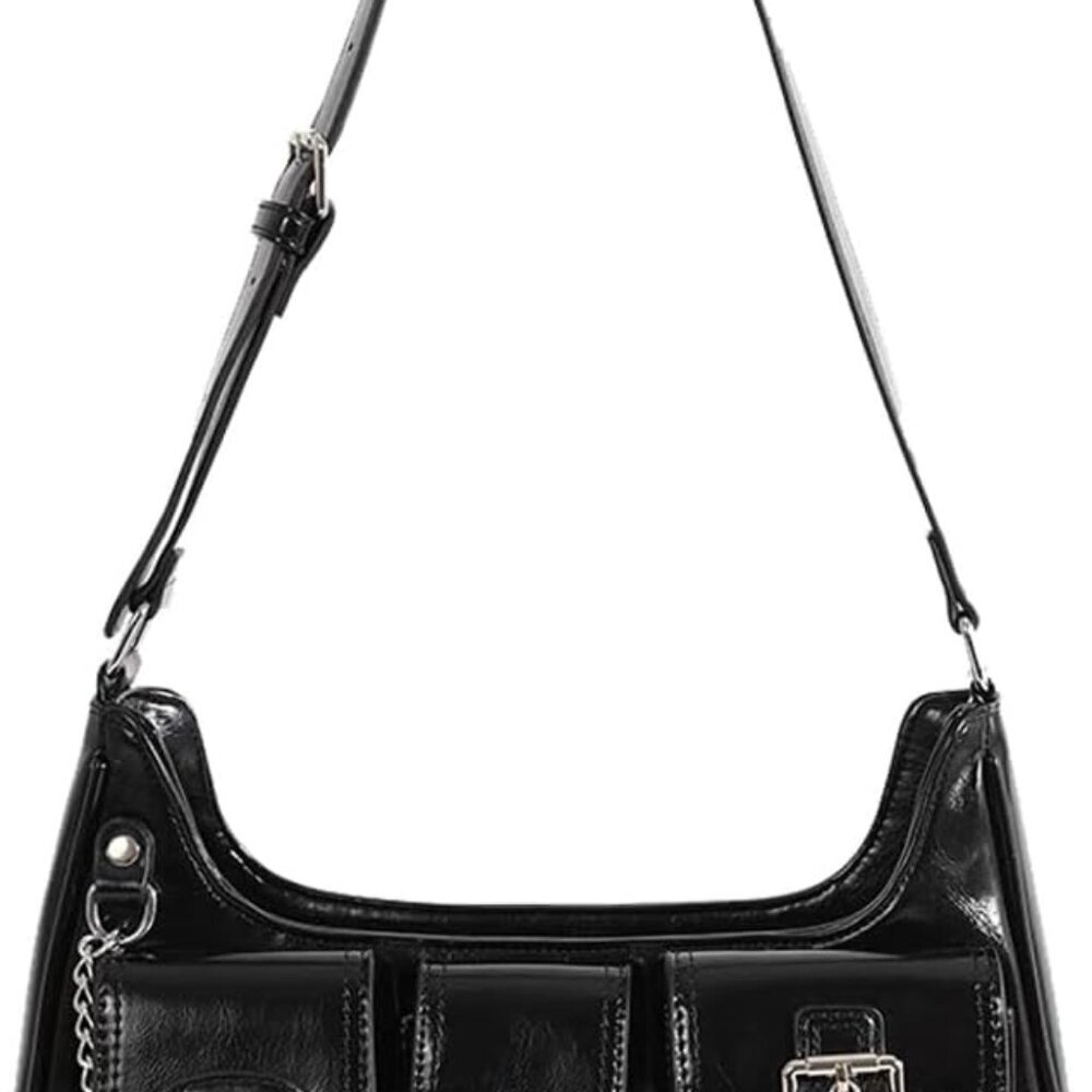 Y2k Black Purse Goth Multi-Pockets Shoulder Bag Aesthetic Grunge Bag for Women